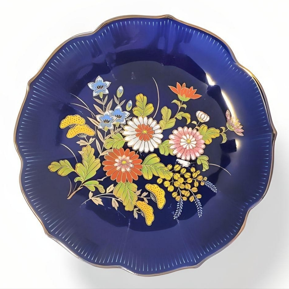 Vintage Japanese Cobalt Blue Porceline Chrysanthemum Floral Design 7.5" Plate